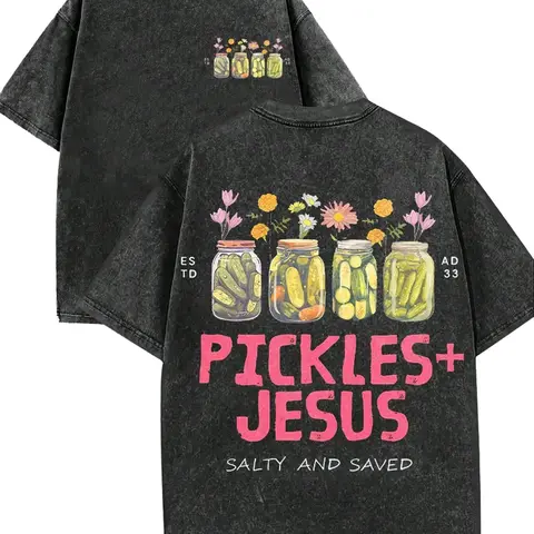 Men's Retro Loose Round Neck Short-Sleeve Casual Menswear T-Shirt - Vintage Graphic Tees, Pickled Cucumber Glass Jar With Flower Print, "PICKLES+JESUS", "SALTY AND SAVED", Christian "Redeemed" Faith Dressing, Distressed Top For Fathers