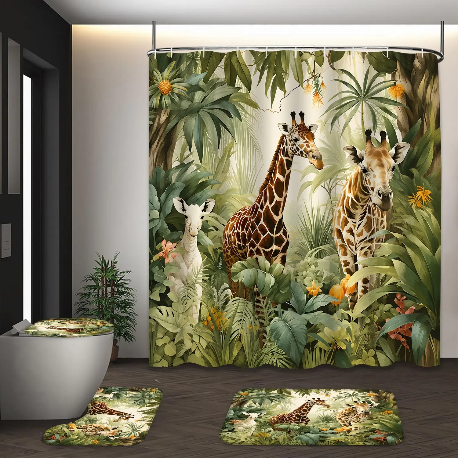 LVRLVR 4Pcs Giraffe & Tropical Jungle Print Nature-Inspired Multi-Color Shower Curtain Set for Bathroom 70.8×70.8 Inch