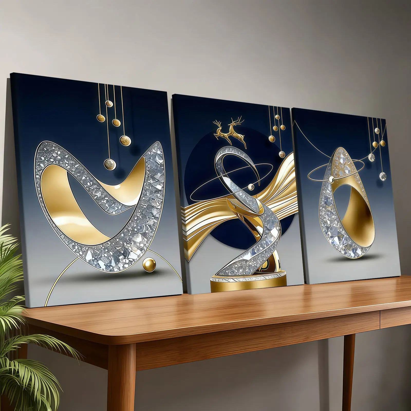 3-Pack Wood Frame Canvas Posters, Modern Luxury Geometric Art, Abstract Art Prints, Abstract Home Decor, Living Room Wall Art, Bedroom, Office, Entryway Decoration