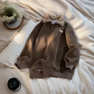 Corduroy Polo Collar Sweater Autumn Winter Couple Loose Comfortable Casual Men's Classic Soft Long Sleeve Sweatshirt Machine Washable