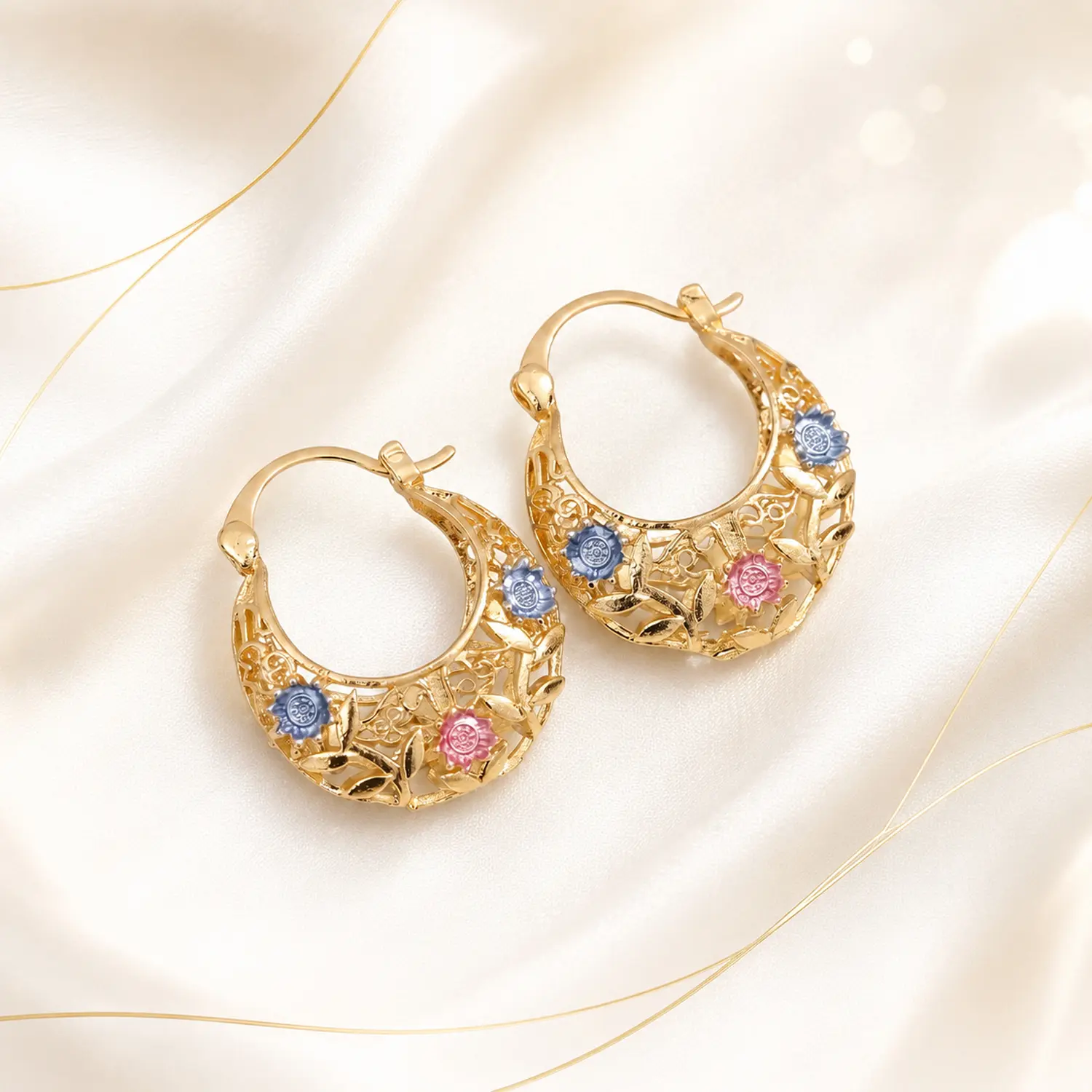 Vintage Floral Hoop Earrings for Women, Gold Plated Tri-Color Flower Earrings, Hollow Filigree Statement Jewelry, Lightweight Elegant Earrings for Women Daily Outfit & Gift
