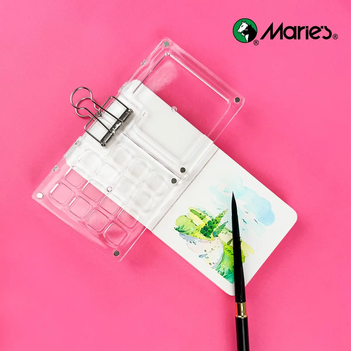 Maries Mini Travel Watercolor Palette Set, Portable 8/15 Grid Paint Tray, Includes Pocket Notebook & Rechargeable Water Brush