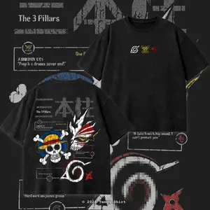 The 3 Pillars Naruto x One Piece x Bleach Unisex Casual Tee Acid Washed, Vintage Faded Graphic Tee Featuring Pirate King, Leaf Ninja and Soul Reaper Inspired Art, Dark Anime Streetwear Shirt, Dark Fantasy Anime Merch, Oversized Otaku Fashion Apparel