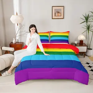 Rainbow Pride Comforter Set,Rainbow Flag Bedding Set for Kids Teens Boys Girls Adults,Rainbow Stripes Quilt Set,Geometric Watercolor Duvet Insert