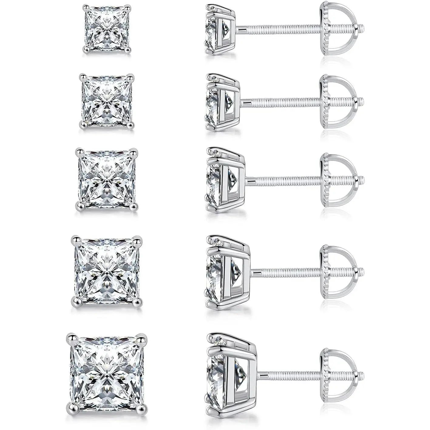 18K Gold Plated Princess Cut Cubic Zirconia Screw Back Stud Earring Pack of 5 Pairs (5 Pairs)