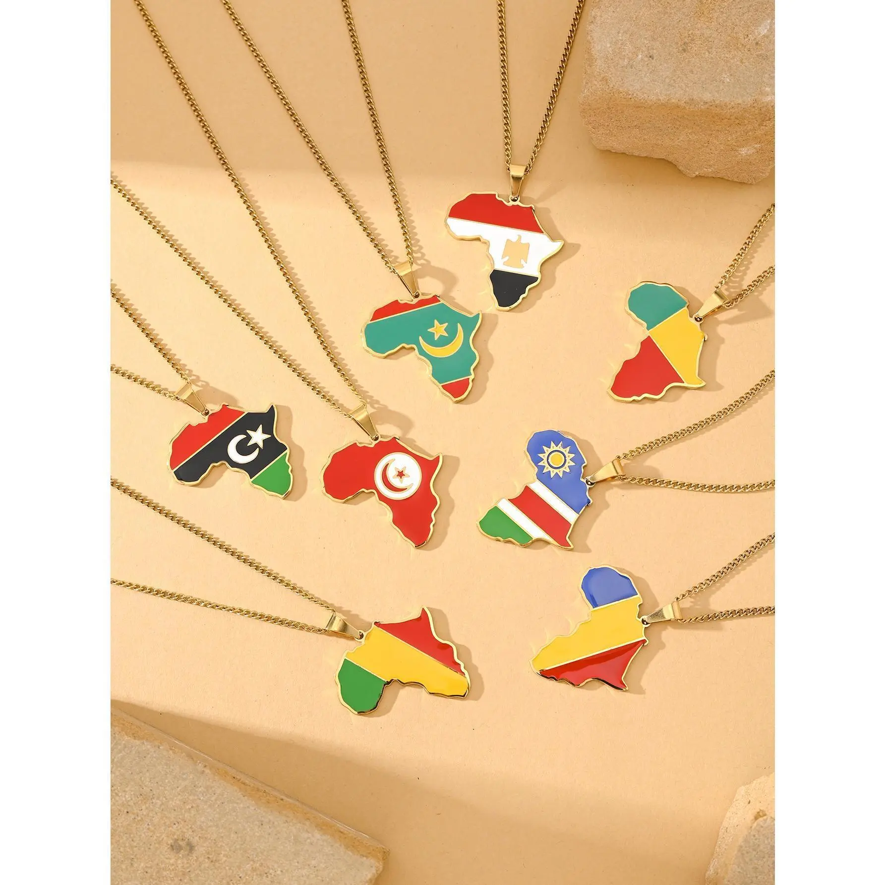 Unisex African Flag-Map Pendant Stainless Steel Chain Necklace - Ethnic Geometric Costume Jewelry, Daily Wear Chain Jewelry for African Culture Enthusiasts, Casual, Chain Jewelry Necklaces