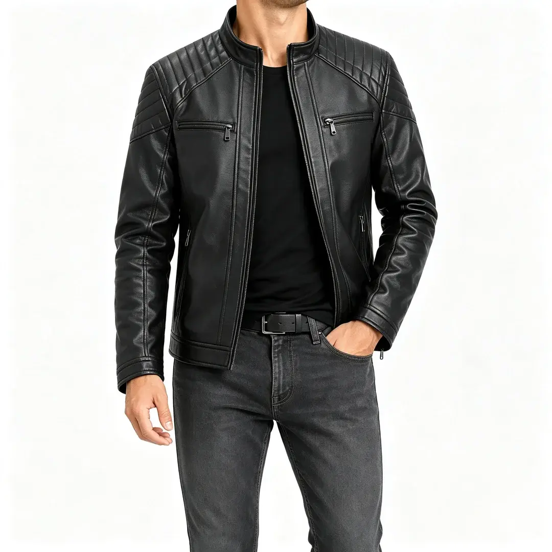 Gihuo Men's Stylish Solid Stand-Up Collar Long Sleeve Zip-Up Motorcycle Leather Jacket - Windproof Menswear Tops Clothes for Casual Pilot Outfits