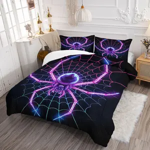 Glowing Spider Bedding Set, Vibrant Digital Print Comforter Set, Neon Spider & Web Accents, Cozy All-Season Bed Set, Ideal for Teens