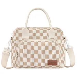 Lunch Box for Women Insulated Lunch Bag Cute Corduroy Lunch Tote Bags Lightweight Reusable Leakproof Cooler Bag with Adjustable Shoulder Strap for Work Office Travel Picnic (Checkered)