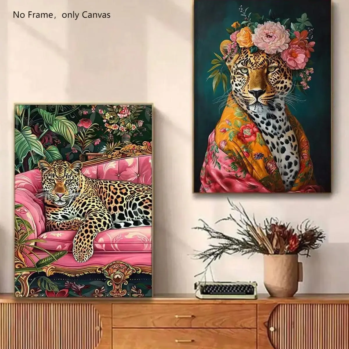 Money Leopard Pattern Floral Leopard Print Unframed Painting, 2 Counts/set Creative Animal Pattern Wall Art Poster, Wall Picture Decor, Wall Art Decor for Home Living Room Bedroom, Ornaments, Art Work For Wall Decor