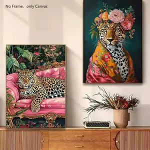 Money Leopard Pattern Floral Leopard Print Unframed Painting, 2 Counts/set Creative Animal Pattern Wall Art Poster, Wall Art Decor for Home Living Room Bedroom, Ornaments