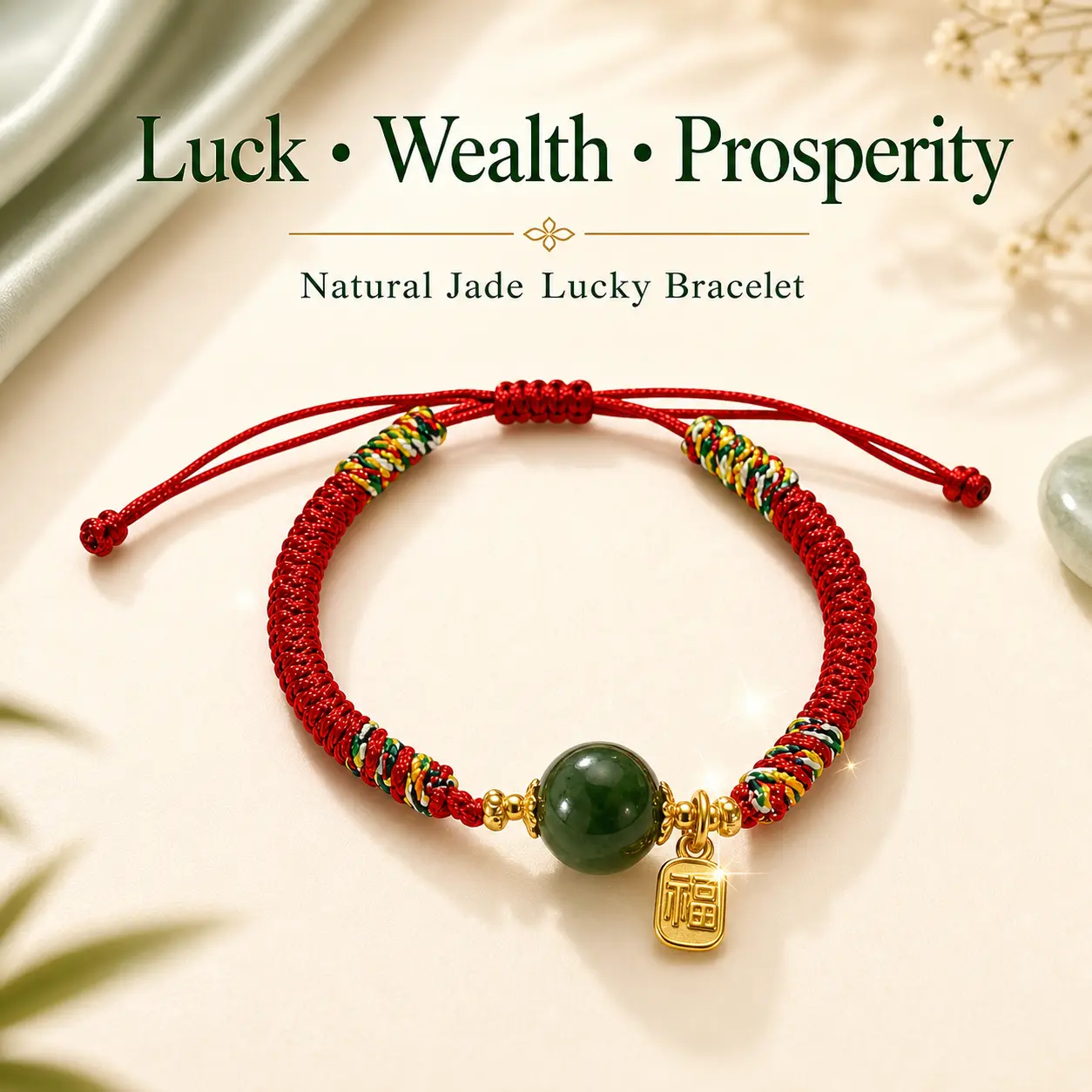 Yuora High Quality Jade Fortune Bead Bracelet, Red Adjustable String Bracelet with "Fu" Character Charm, Natural Healing Jade for Protection & Wealth, High Quality Bracelet