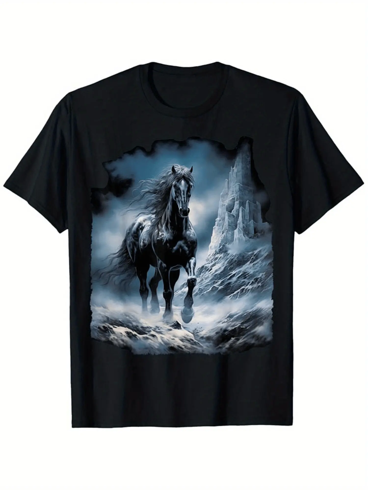 Elegant Black Horse Galloping Through Snow Showcase T-Shirt
