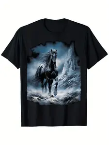 Elegant Black Horse Galloping Through Snow Showcase T-Shirt
