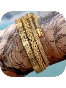 3Pcs Gold Bracelet Men's and Women's Stainless Steel Roman Numeral Bracelet Silver Bracelet Adjustable Cuff Bracelet Men's Twisted Bracelet Cuban Link Bracelet Luxury Bracelet Design Jewelry Gift