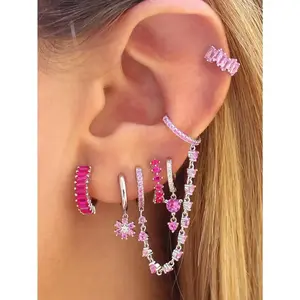 6Pcs Lovely Gold Plated Cubic Zirconia Dangle Earrings For Women Pink Zirconia Flower Hoop Earrings Set Fashion Jewelry