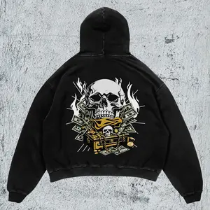 Vintage Washed Black Hoodie Skull Money Graphic Heavyweight Cotton Fleece Pullover Unisex Streetwear Top with Fitted Long Sleeve & Medium Length for Autumn Y2K Grunge Style