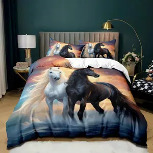 3-Piece Couple Horse Quilt Set, Running Horse Polyester Fiber Low Allergy, Comfortable Soft Fabric, Bedding Supplies, Soft Bedding Sets