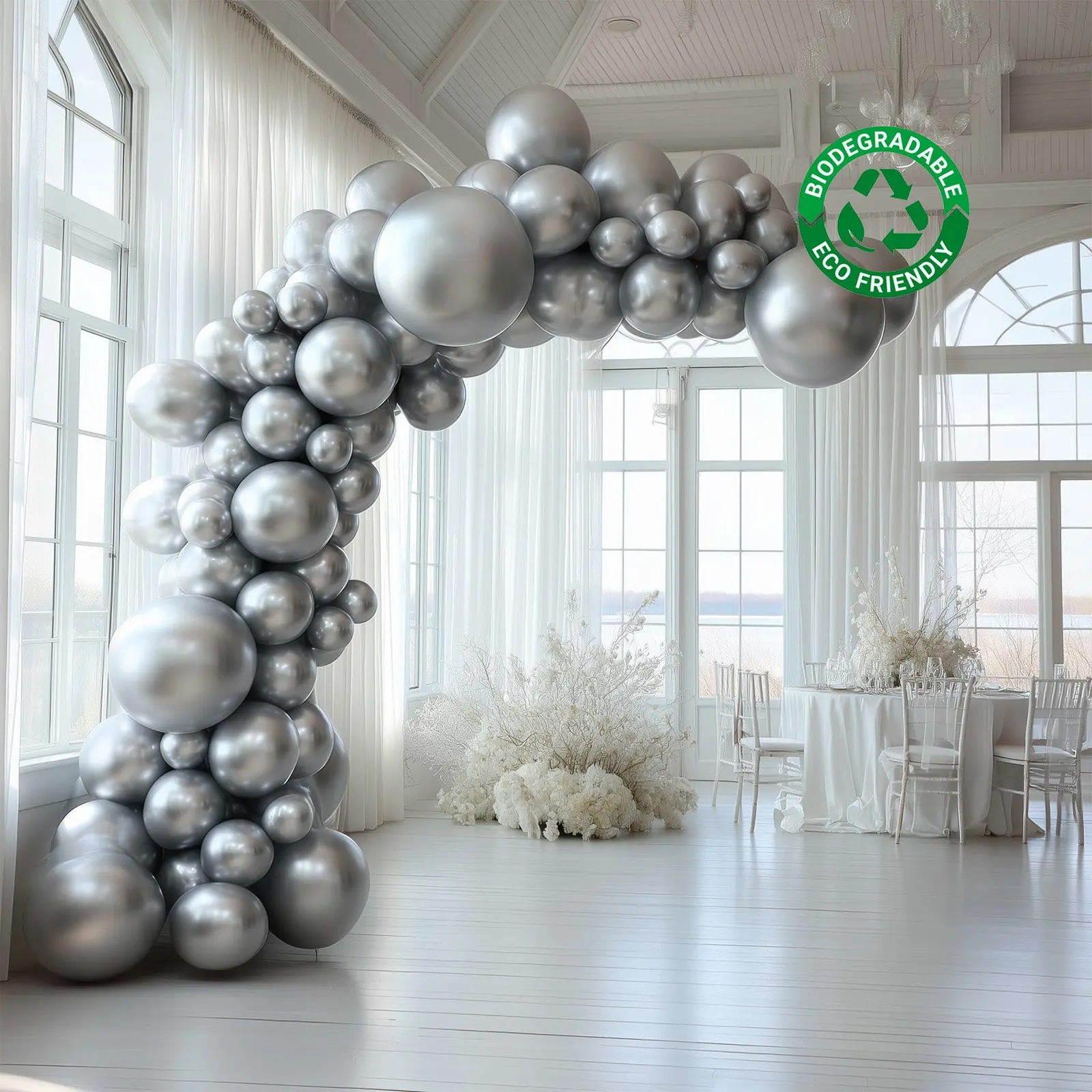 Biodegradable Balloon Arch Kit - 110-Piece 10-Inch Silver Latex Garland, Extra Strong, Eco-Friendly, Helium-Compatible, with Ribbon, for Balloon Arch Decoration, Hanging Decor, Circular Archway Displays