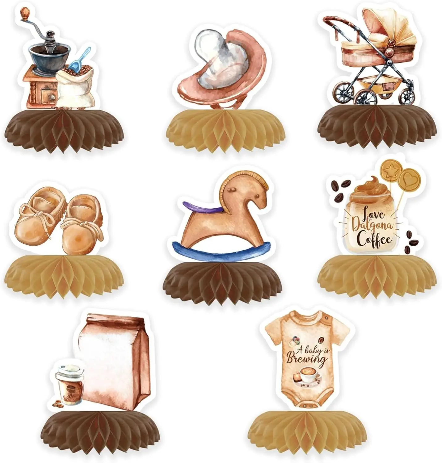 Flower-Print Coffee Baby Shower Honeycomb Centerpieces 8-Piece - 3D Latte 'Baby Is Brewing' Decoration Set with Photo Props, Stickers, Festive Party Supplies