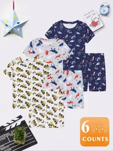 Boy's Short Sleeve Tee & Elastic Waist Shorts Pajama Set, Cartoon Print Pajama, Casual Comfy Round Neck T-shirt & Shorts PJ Set, Kids Sleepwear for Summer