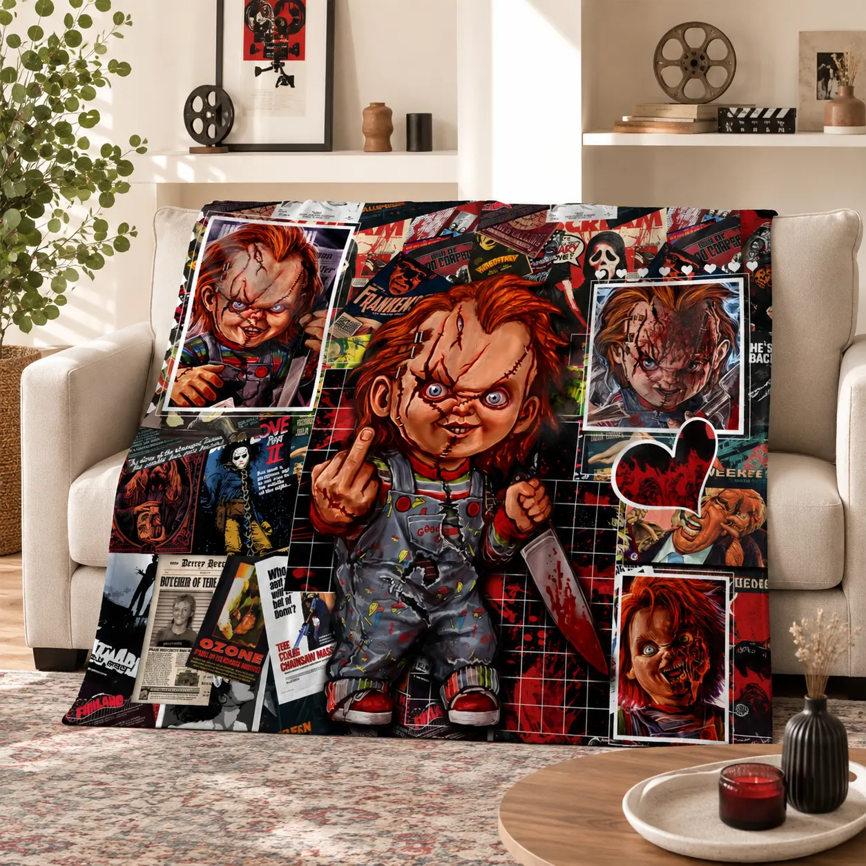Chucky Horror Movie Character Print Blanket Vintage Comic Art Multi Size Ultra Soft Cozy Throw for Adults Kids Camping Travel Warm Shawl Horror Movie Lovers Halloween Birthday Anniversary Gift Movie Night Bedroom Decor