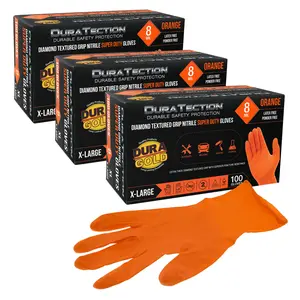 Duratection 8 Mil Orange Super Duty Diamond Textured Nitrile Disposable Gloves, 3 Boxes of 100, X-Large - Latex Free, Powder Free, Food Safe, Safety Protection Work Gloves