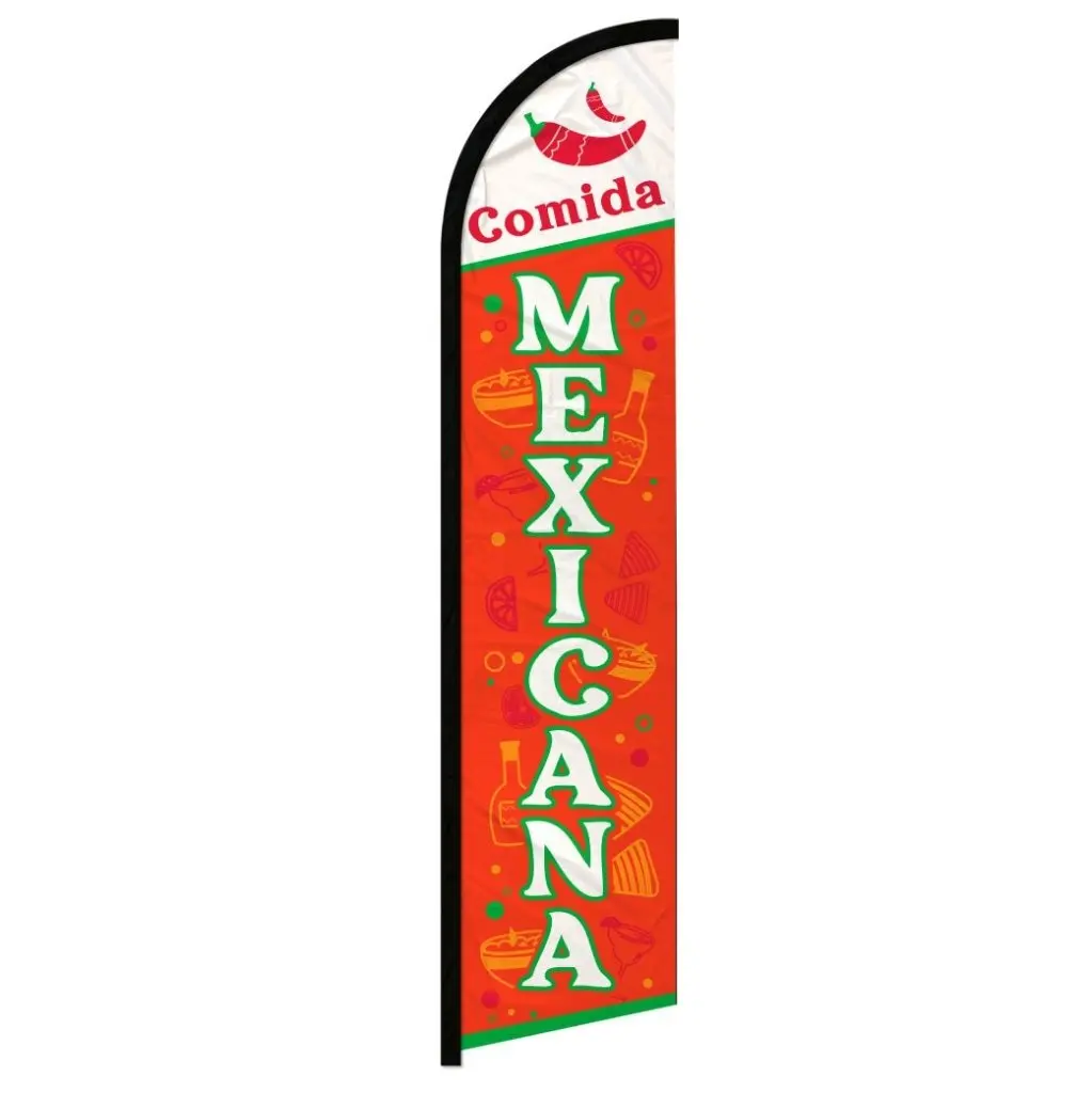 Mexican Food Themed Windproof Polyester Banner Flag with Curved Sleeve, 11.5ft x 2.5ft All-Season Easy-Install Decoration Party Supplies for Indoor Festive Party Home Decor Backdrop