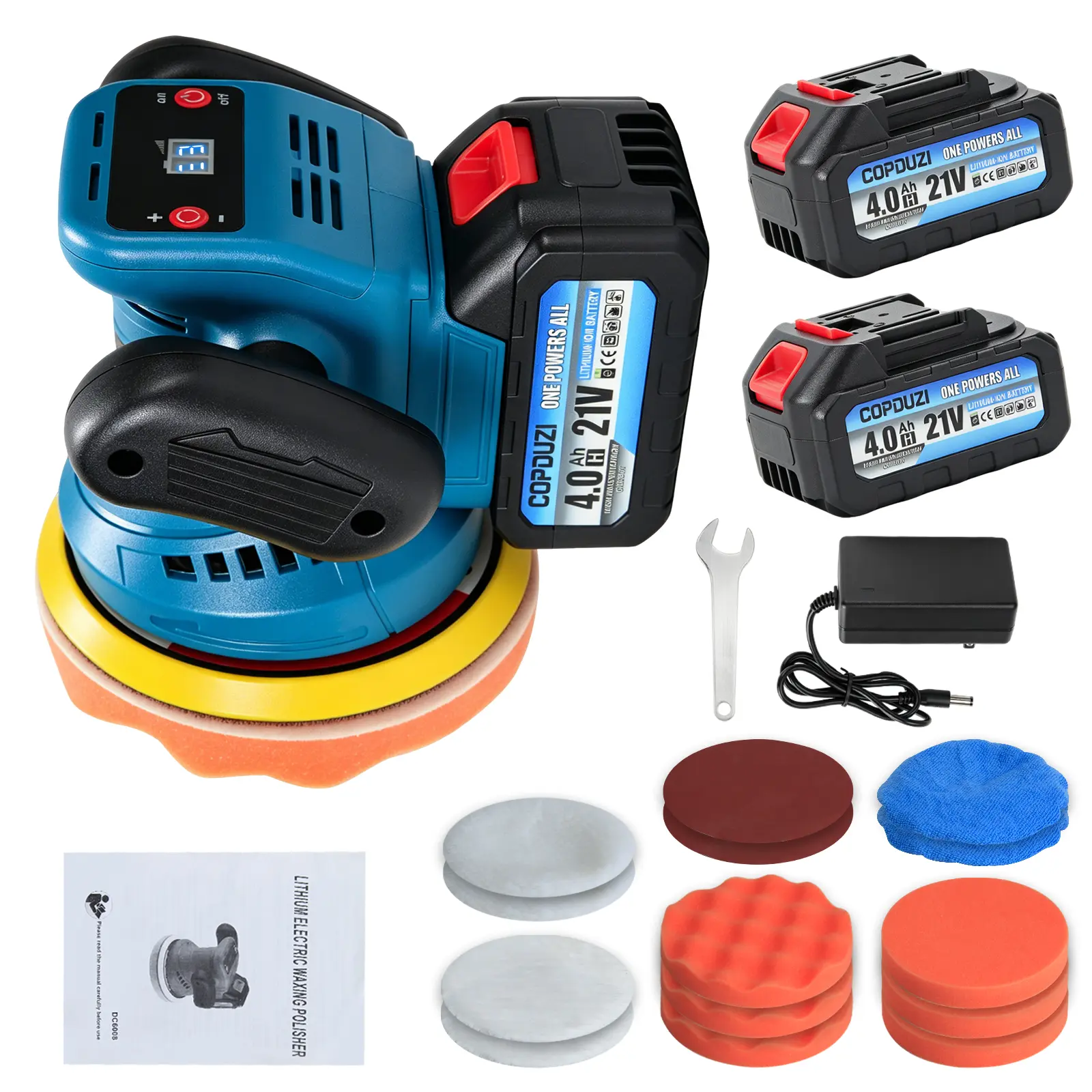 COPDUZI 6 Inch Cordless Car Buffer Polisher Kit, 21V Random Orbital Polisher with 2×4.0Ah Batteries, 18PCS Attachments & LED Display for Car Detailing, Waxing and Scratch Removal