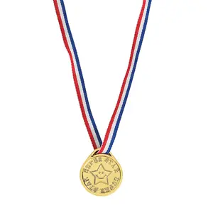 1 1/2" Super Star Goldtone Plastic Medals with Red, White & Blue Ribbon - 12 Pc.