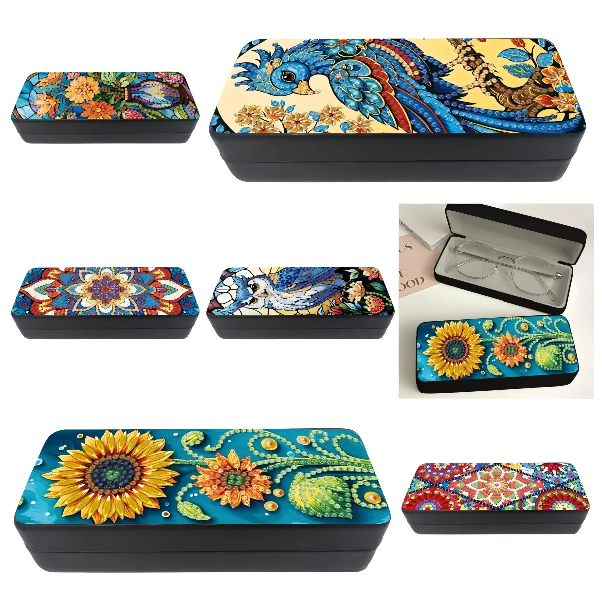 6 Styles Diamond Painting Eyeglass Case DIY Kit, Sunflower/Owl/Peacock/Mandala/Stained Glass Floral Pattern, Hard Shell Glasses Storage Box, Handmade Craft Gift