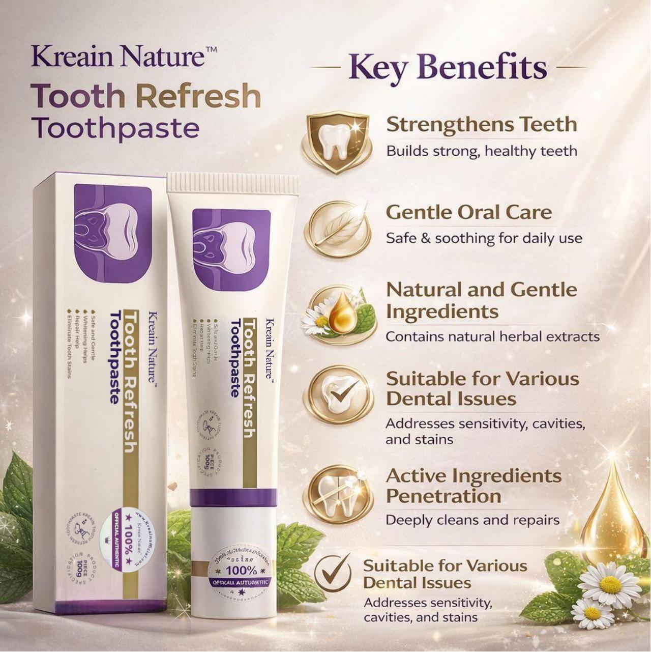 Kreain Nature Tooth Refresh Toothpaste for Fresh Breath Natural Ingredients Gentle Care Whitening Helps Repair Stains Eliminate Stains