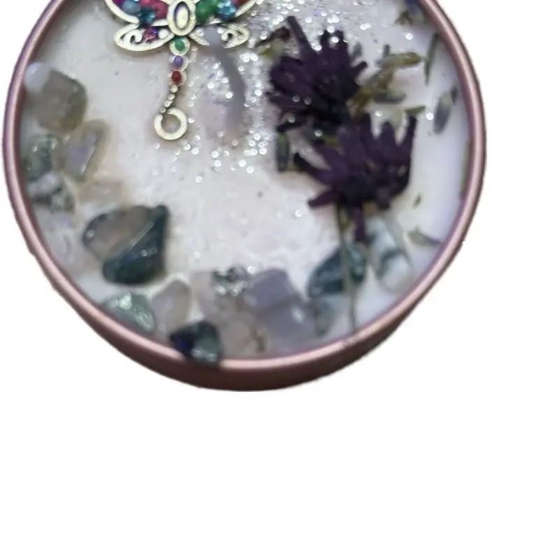 Lavender Dragonfly Soy Mini Candles with Gemstone & Dried Flower Decor for Aromatherapy & Home Decor