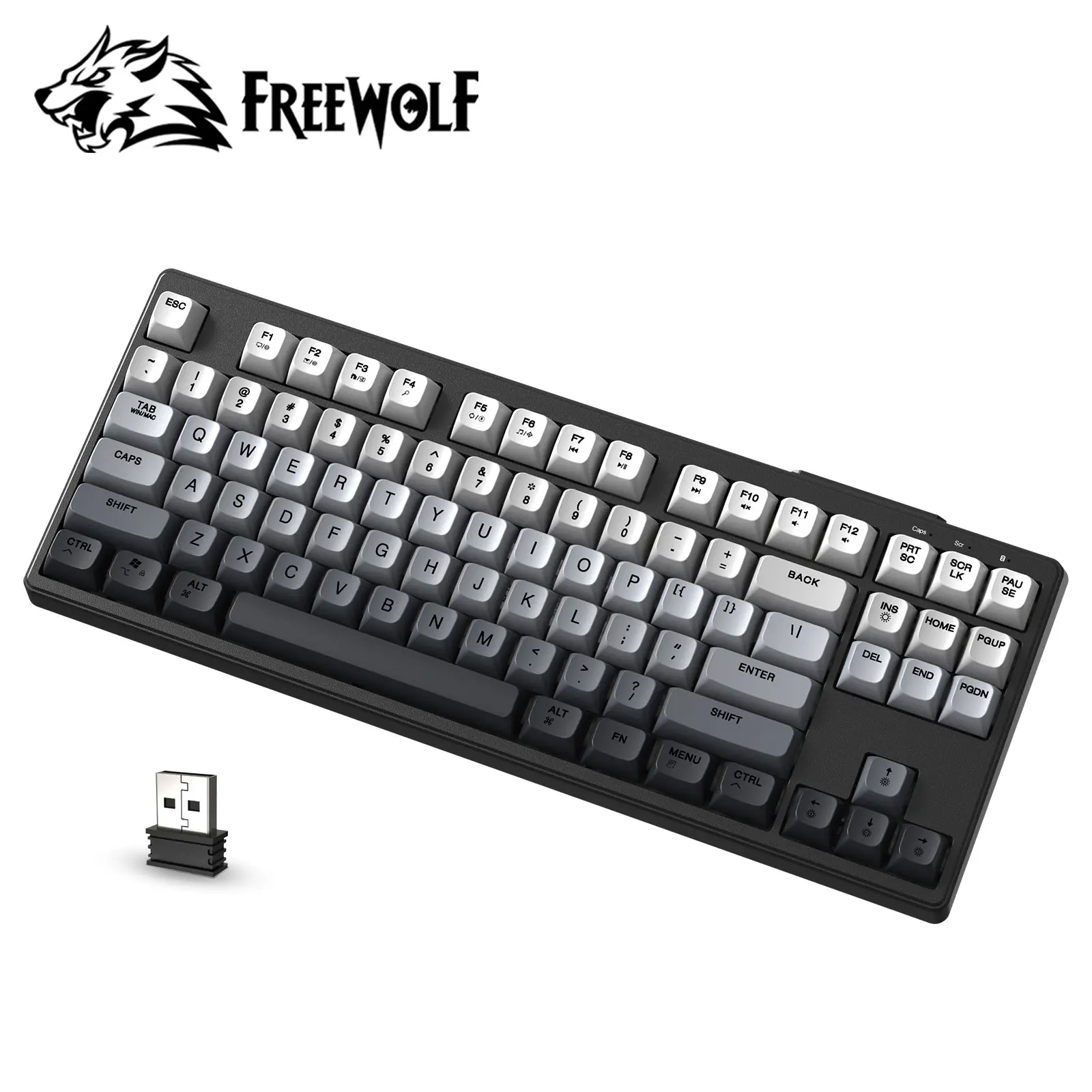 FREEWOLF M87 Rechargeable Backlit Gaming Keyboard, 87-Key PBT Keycap Membrane Keyboard with Wireless-BT Dual Modes, Type-C Charging, Adjustable ft for Comfy Typing, Auto-Sleep After 10 Mins Idle, Long-Lasting for PC Mac Linux Gaming Accessories