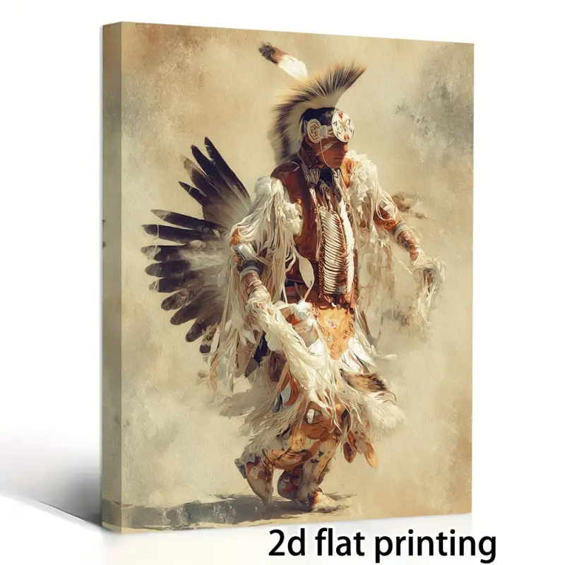 A mural, Wood Wall Art, Wall Art Print, in indigenous style depicting an American Native dancer with a feather headdress, suitable for living room, office, and indigenous home decor - South American cultural decorations