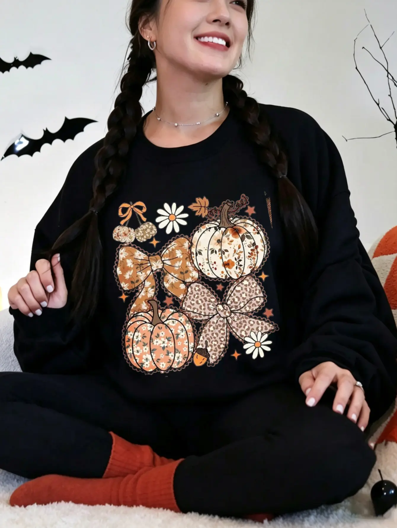 Women's Gildan Vintage Oversized Crewneck Pullover Sweatshirt - Casual, Smooth Yarn, Ribbed, Coquette Pumpkin, Floral, Leopard, Bow, Daisy, Halloween Fall Everyday Wear, Basic