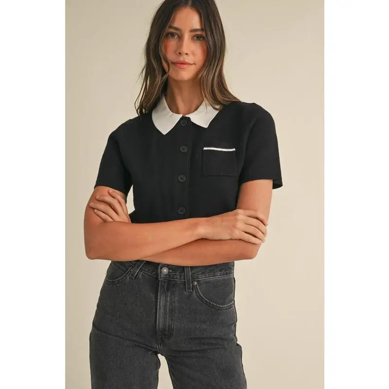 MABLE Button Down Contrast Collared Knit Cardigan