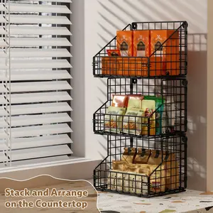 New 1PC 3-Tier Stackable Wire Basket with 5 Hooks - Space-Saving Wall Mount Snack Storage Rack Holder for Countertop and Office Kitchen Cabinet - Metal Pantry Organizer with Contemporary Style