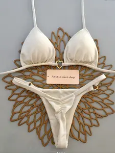 New Beach Pool Party Vacation Fashion Sexy Solid Color Metal Heart Strap Halter Bikini Two-Piece Swimsuit for Women Bikinis Sets