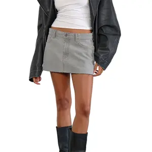 Women's Denim Mini Skirts Low Waist Raw Hem Casual Fashion Jean Skirts for Summer Womenswear Bottom Polyester Palda Basic Fitted