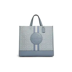 COACH Dempsey 40 Tote Bag for Women – Vertical Caramel Saffiano and Pebbled Leather with Signature Jacquard, Minimalist Muted Tone