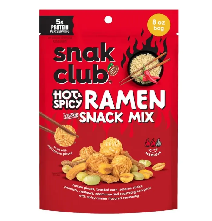 Snak Club Hot & Spicy Ramen Flavored Snack Mix with Peanuts & Cashews, 8 oz | Fiery savory snack mix with crunchy textures for spice lovers, perfect for travel, work, and anytime cravings.
