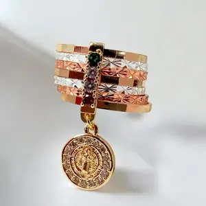 Weekly Ring with Saint Benedict Image - Gold Design with Colorful Accents and Medallion Charm