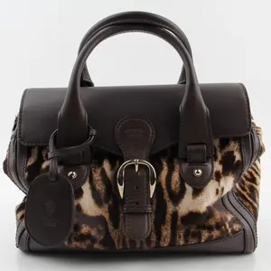 Pre-owned GUCCI Calf Hair and Leather Top Handle Bag Dark Brown Animal Print Heritage Boston Bag