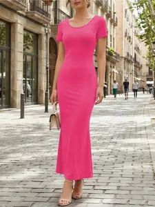 Plus Size Round Neck Short Sleeve Mermaid Dress, Bodycon Fit, Curvy Slimming Long Dress