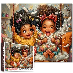 Tucocoo Cute Sisters Pillow Fight 1000 Pieces Jigsaw Puzzle, joyful kids playing on swing with feathers flying cozy home scene, relaxing Family Themed Jigsaw Puzzle game, stress relief brain training challenging fun wall decor gift, 27.5x20inch(70x50cm)