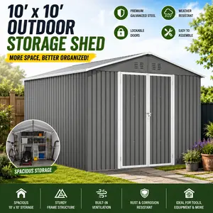 Outdoor Storage Shed 10x10 FT Large Metal Tool Sheds for Backyard Garden Patio Lawn Backyard Organization Heavy Duty Lockable Doors Waterproof Backyard Shed Garden House Tool Organizer Utility Room Grey