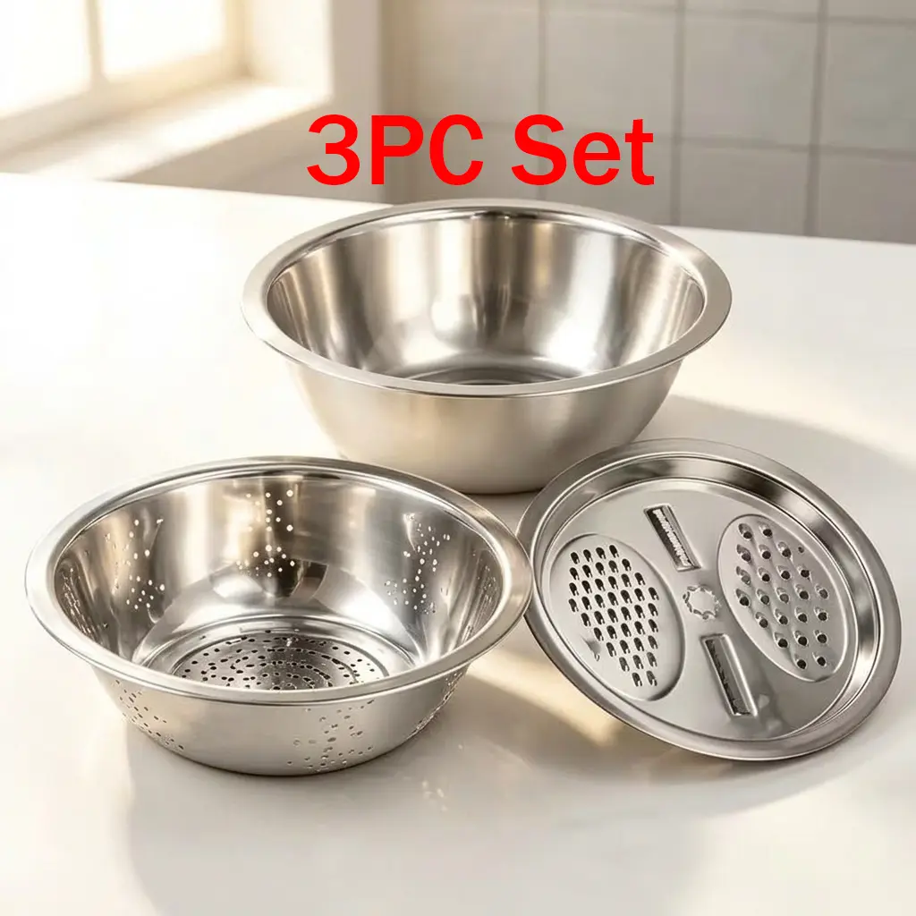 3-in-1 Stainless Steel Drain Bowl & Grater Set (9.45") | Multi-Use Kitchen Colander, Vegetable Slicer & Food Prep Basin