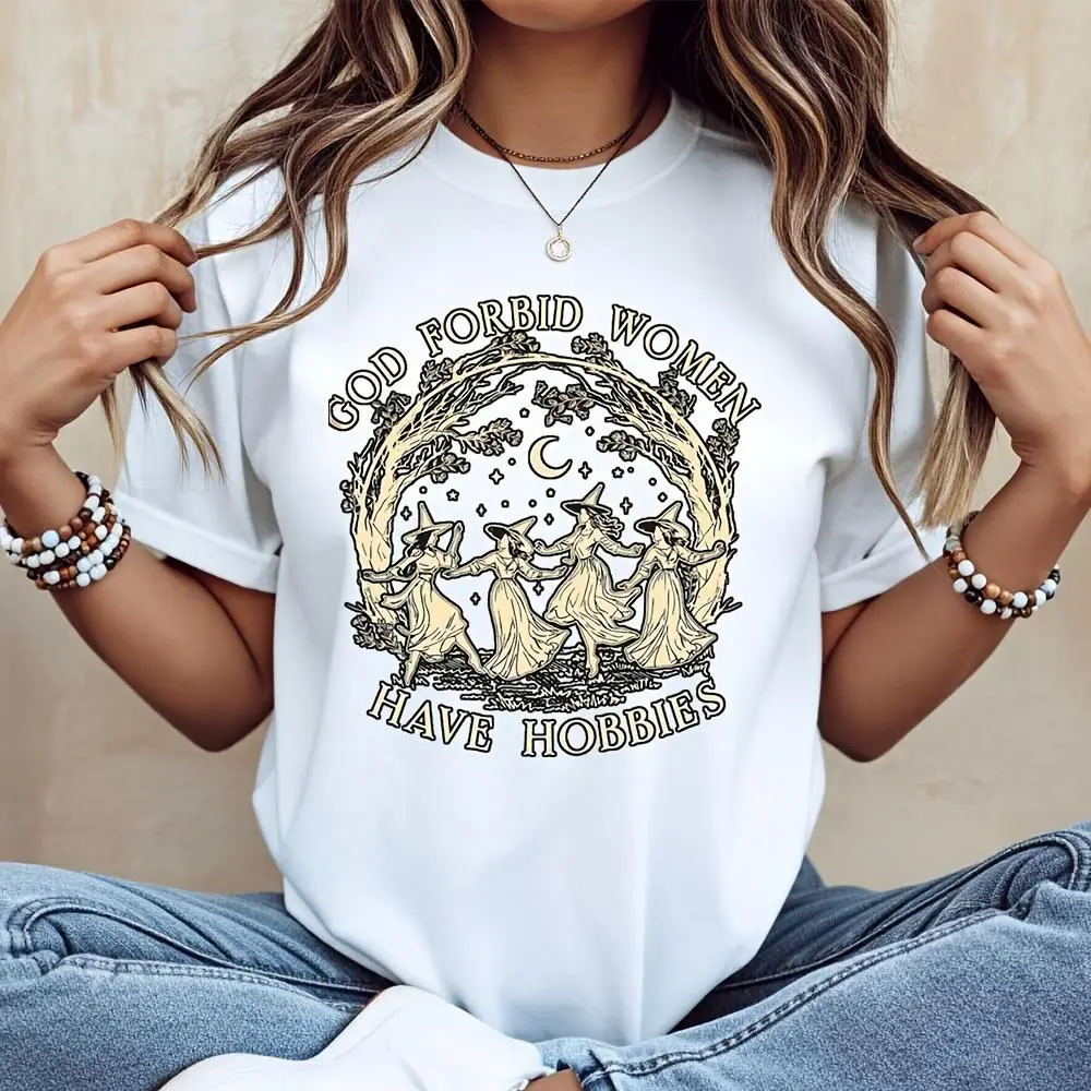 God Forbid Women Have Hobbies Witch Moon Graphic T-Shirt, Witchy Aesthetic Halloween Party Top, Casual Daily Wear