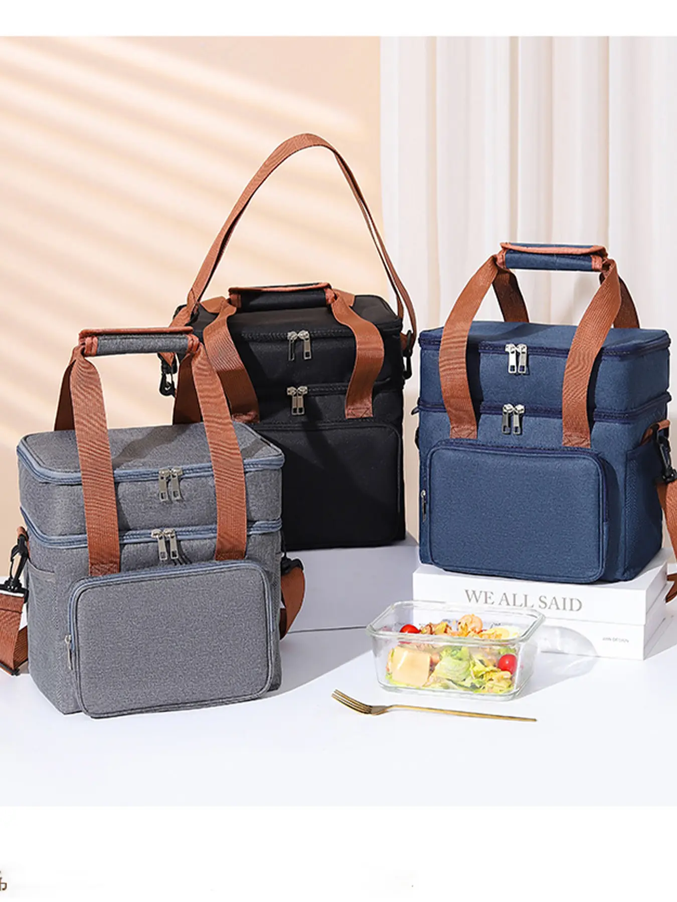 Double Layer Crossbody Large Capacity Lunch Bag with Food Insulation Pouch Outdoor Picnic Bento Bag Ice Pack Thermal Bag